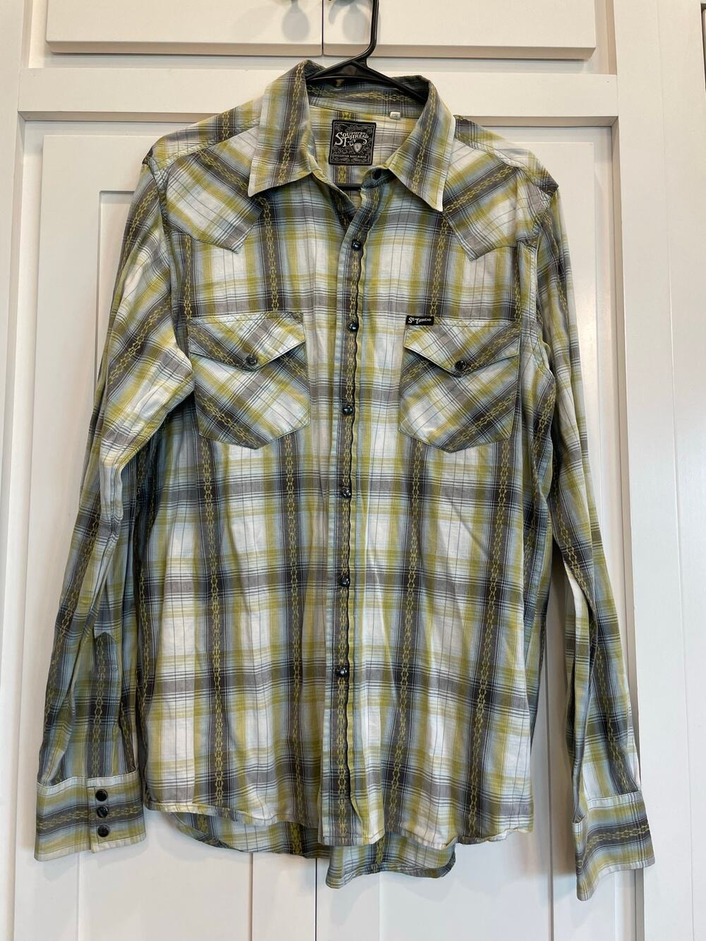 Southern Thread white/green/black plaid pearl snap western shirt L 100% Cotton